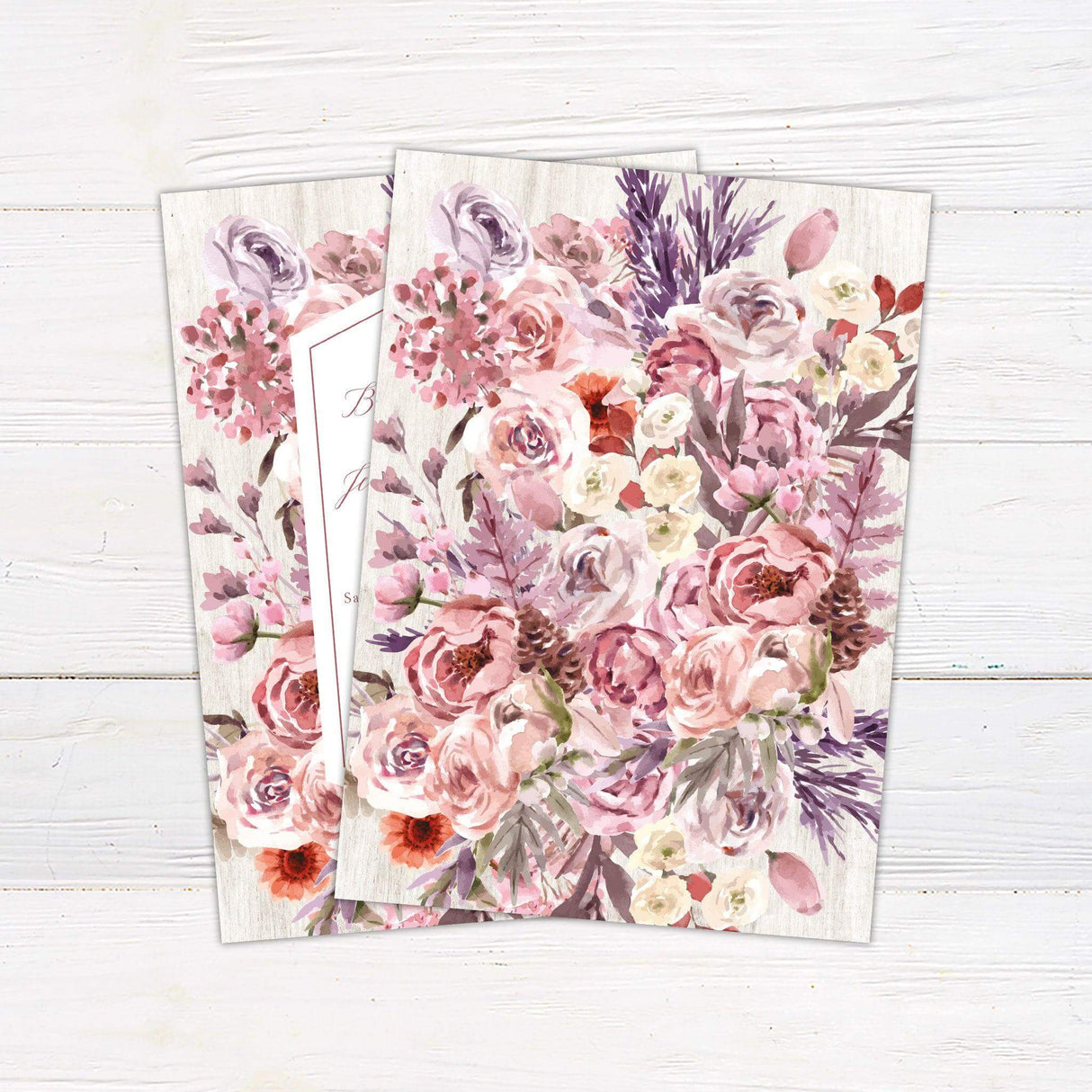 Romantic watercolor wedding invitation with lilac, lavender, and blush floral design and rustic wood background. back