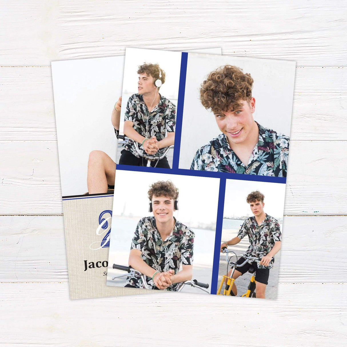 Custom printed graduation invitation featuring a personalized photo, linen-textured background, and bold Class Year typography, customized with the graduate’s name, school, date, time, and location. Printed on premium cardstock, perfect for high school and college graduation celebrations. blue