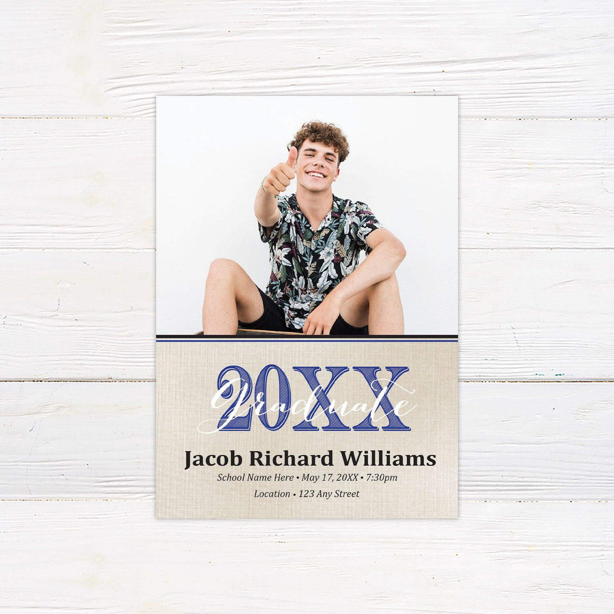 Custom printed graduation invitation featuring a personalized photo, linen-textured background, and bold Class Year typography, customized with the graduate’s name, school, date, time, and location. Printed on premium cardstock, perfect for high school and college graduation celebrations. blue