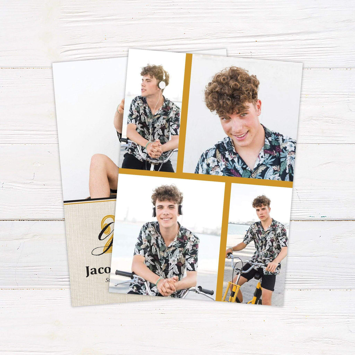 Custom printed graduation invitation featuring a personalized photo, linen-textured background, and bold Class Year typography, customized with the graduate’s name, school, date, time, and location. Printed on premium cardstock, perfect for high school and college graduation celebrations. gold