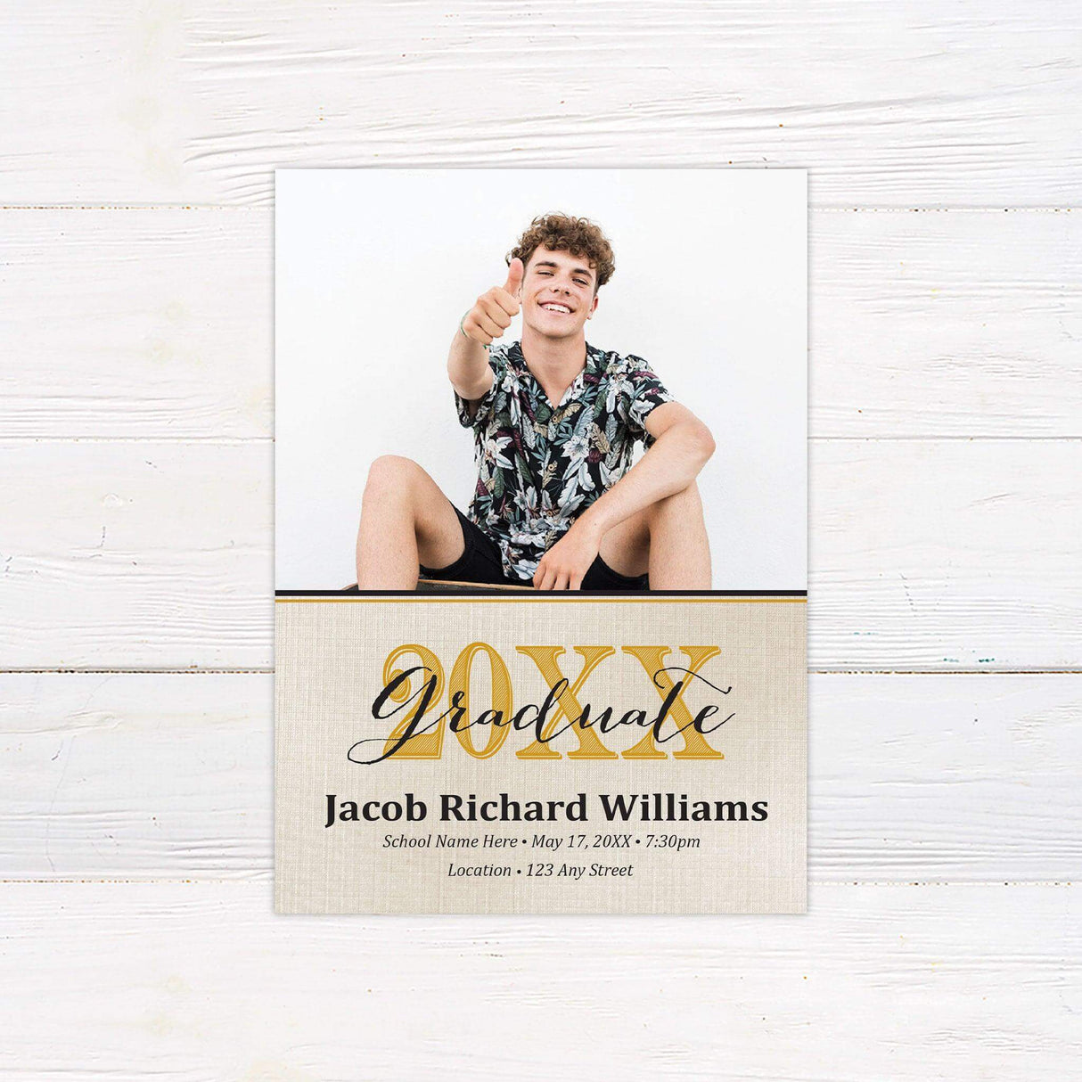 Custom printed graduation invitation featuring a personalized photo, linen-textured background, and bold Class Year typography, customized with the graduate’s name, school, date, time, and location. Printed on premium cardstock, perfect for high school and college graduation celebrations. gold