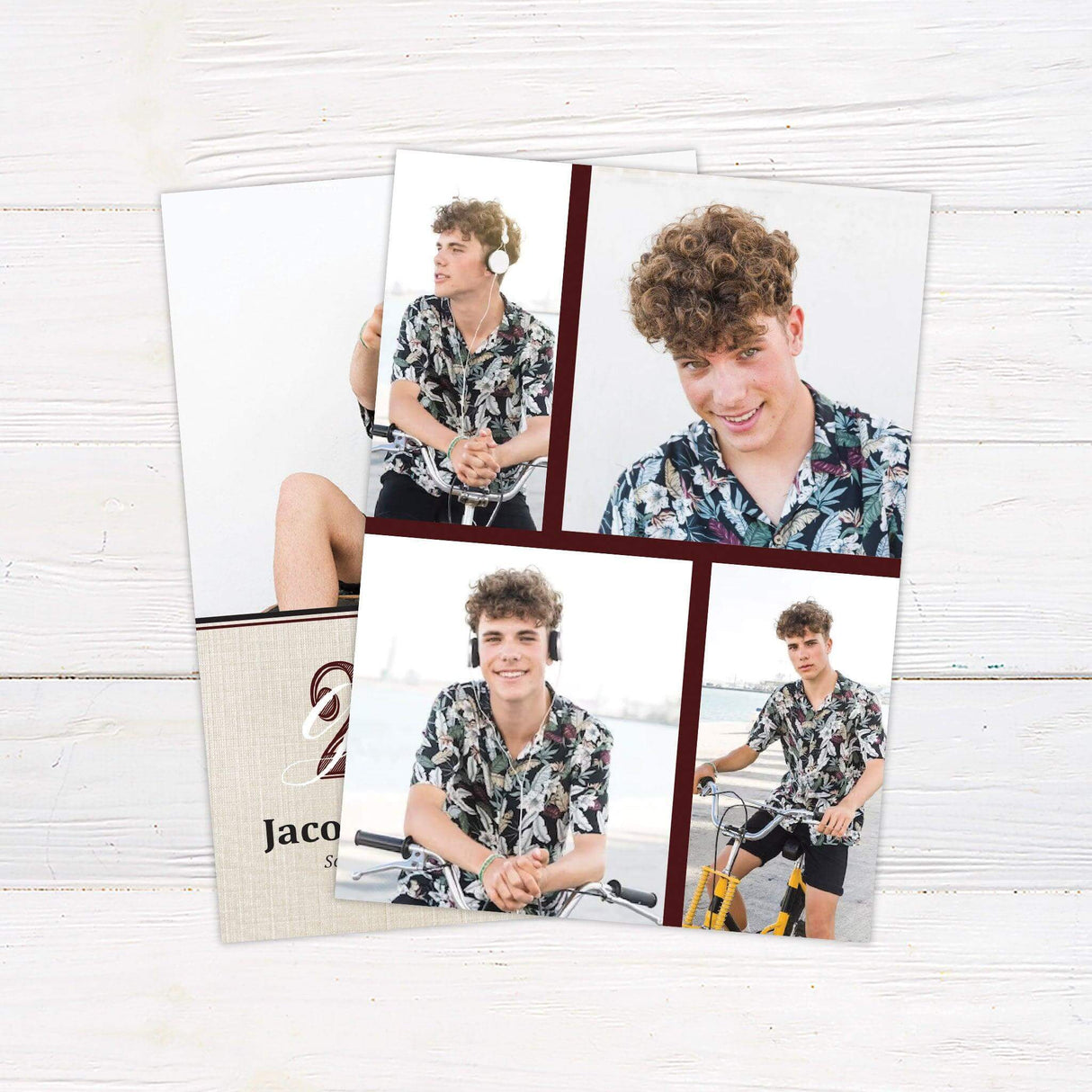 Custom printed graduation invitation featuring a personalized photo, linen-textured background, and bold Class Year typography, customized with the graduate’s name, school, date, time, and location. Printed on premium cardstock, perfect for high school and college graduation celebrations. burgundy