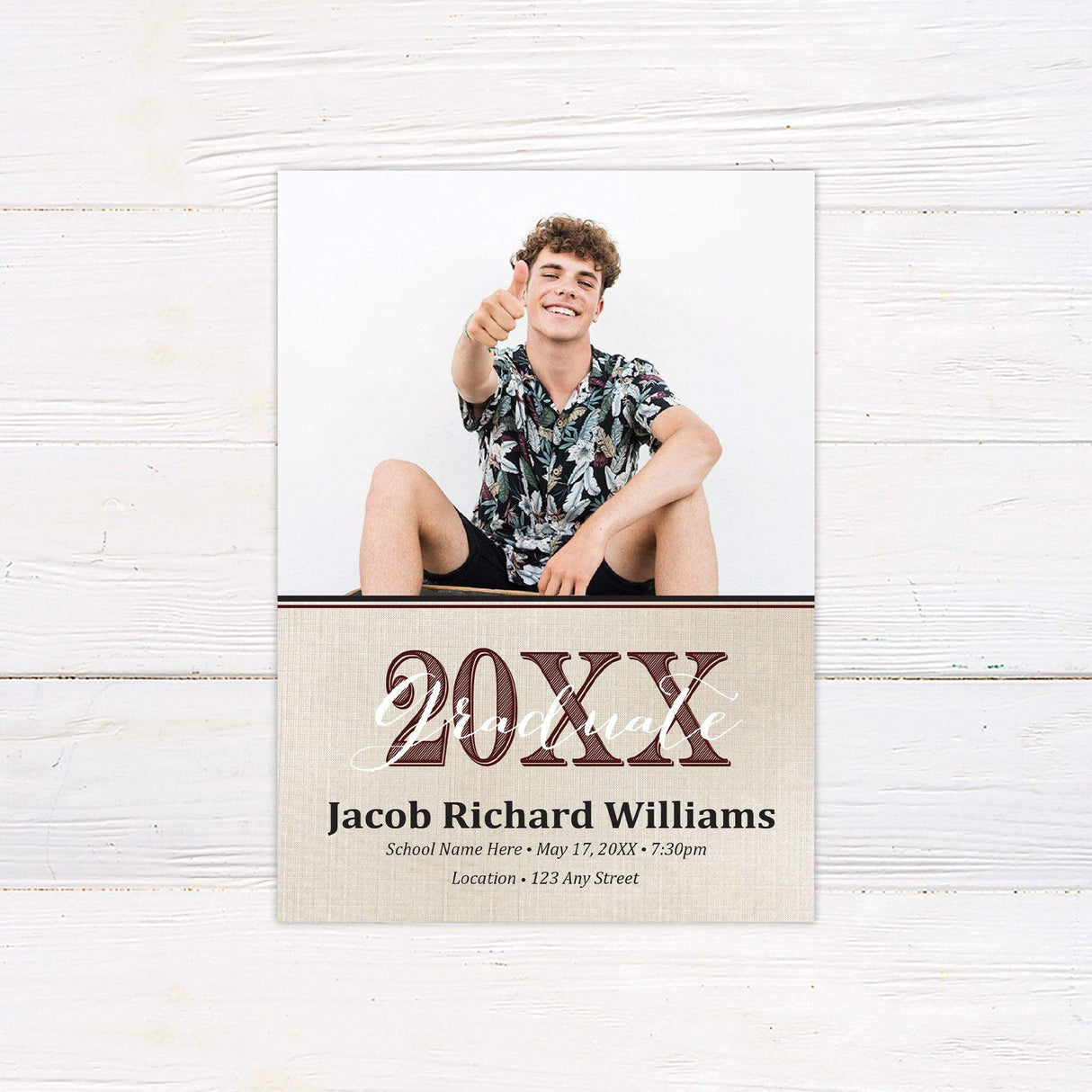 Custom printed graduation invitation featuring a personalized photo, linen-textured background, and bold Class Year typography, customized with the graduate’s name, school, date, time, and location. Printed on premium cardstock, perfect for high school and college graduation celebrations. burgundy