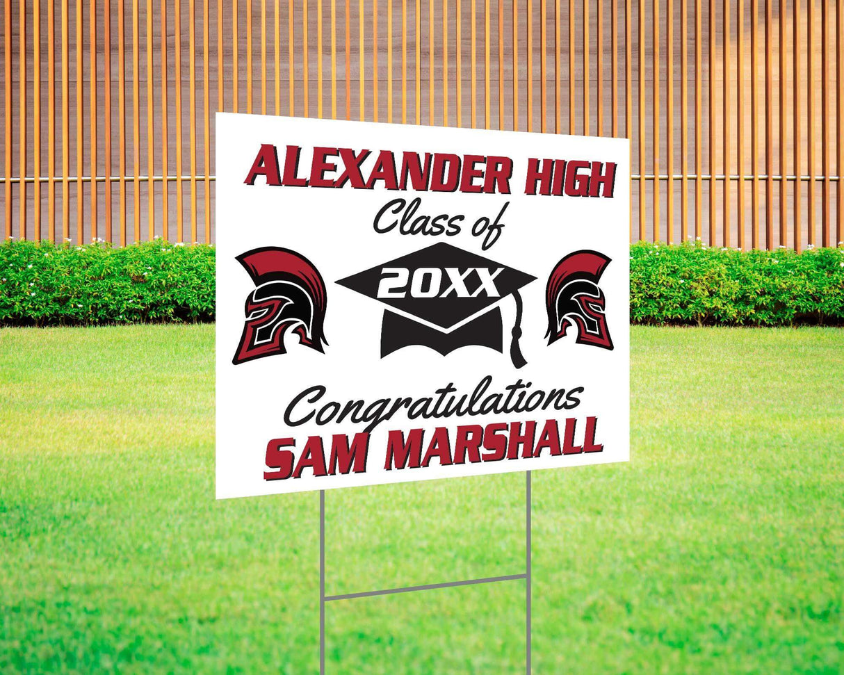 Graduation yard sign with bold text, custom school logo, class year, and congratulatory message. Features a large mortarboard cap graphic and varsity-style font. Printed on durable Coreplast plastic, perfect for outdoor display in front yards, driveways, and school events. Alexander