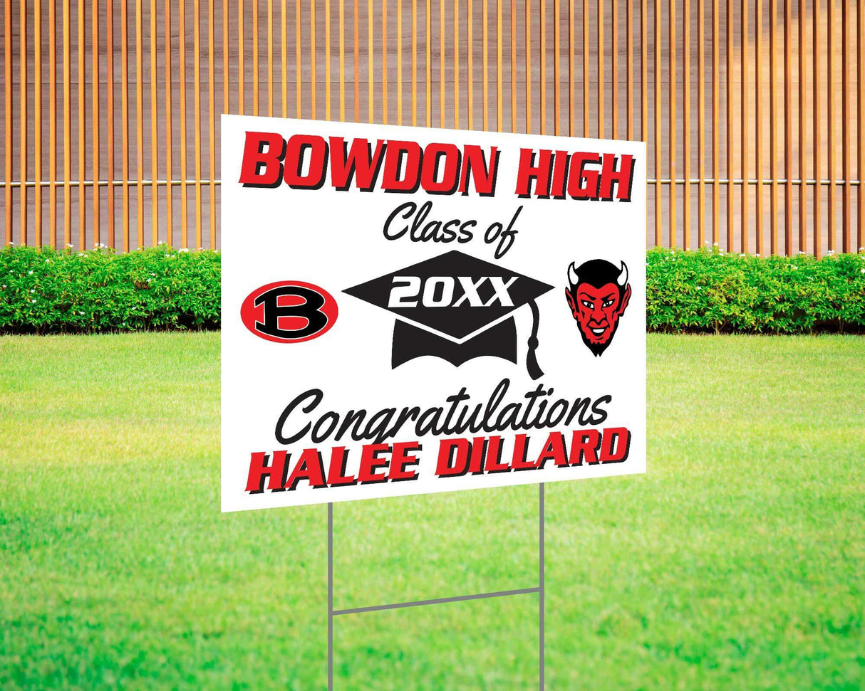 Graduation yard sign with bold text, custom school logo, class year, and congratulatory message. Features a large mortarboard cap graphic and varsity-style font. Printed on durable Coreplast plastic, perfect for outdoor display in front yards, driveways, and school events. Bowdon High