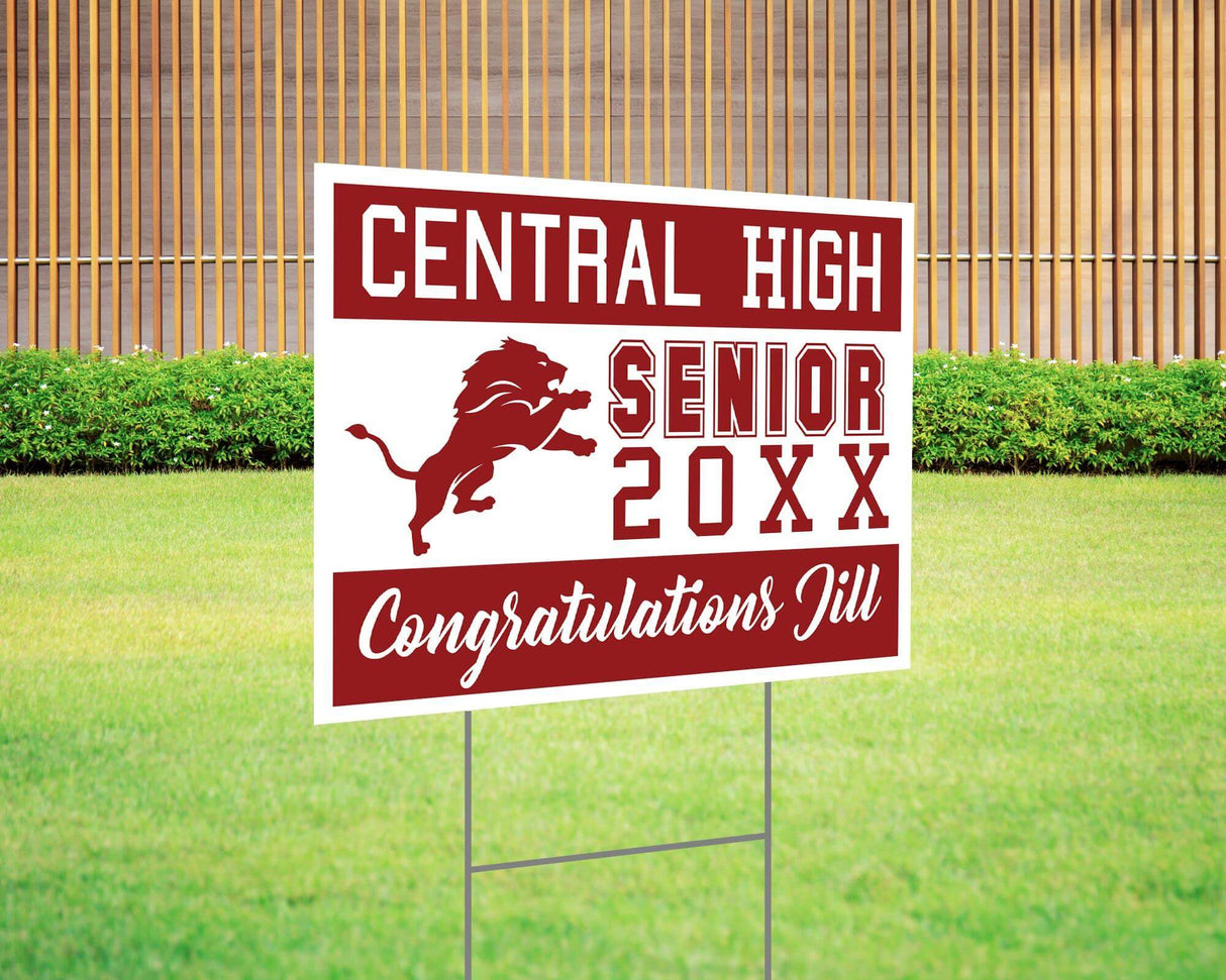 Senior class graduation yard sign with bold varsity-style text, school logo, and class year. Made of weatherproof Coreplast plastic, perfect for outdoor graduation displays, senior recognition, and high school spirit decor. Central