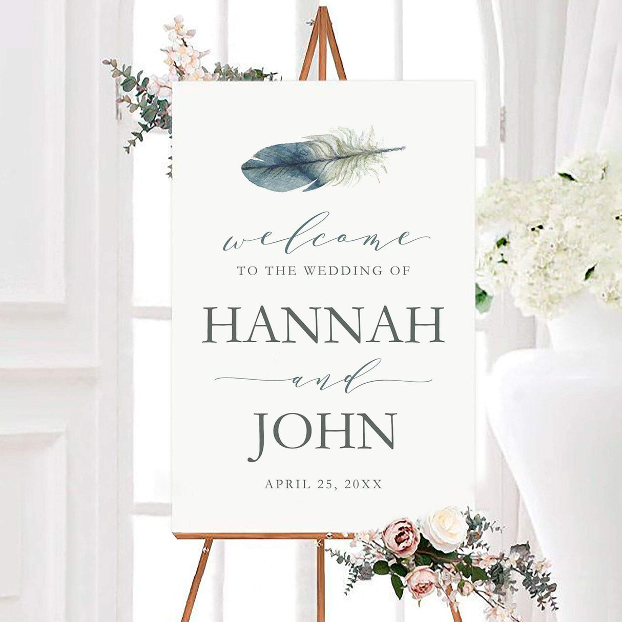 Lone feather wedding welcome sign featuring a single blue-gray watercolor feather with elegant personalized script and serif typography. A simple nature-inspired design created to welcome guests to a wedding ceremony or reception.