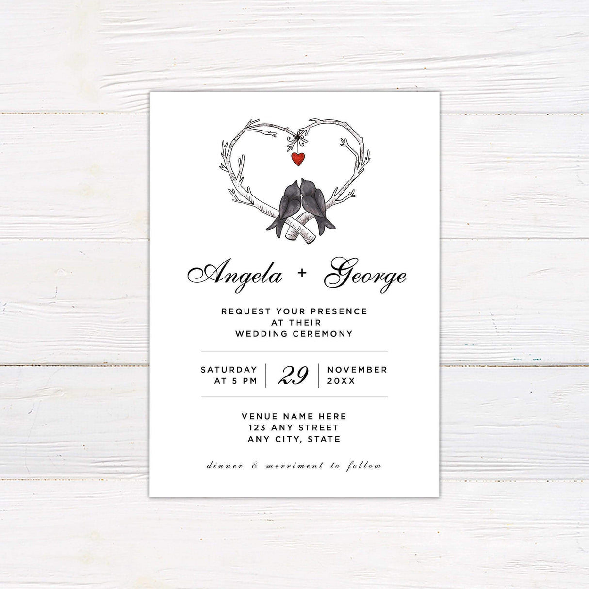 Wedding invitation with hand-drawn lovebirds on branches, heart illustration, and elegant typography for customizable wedding details