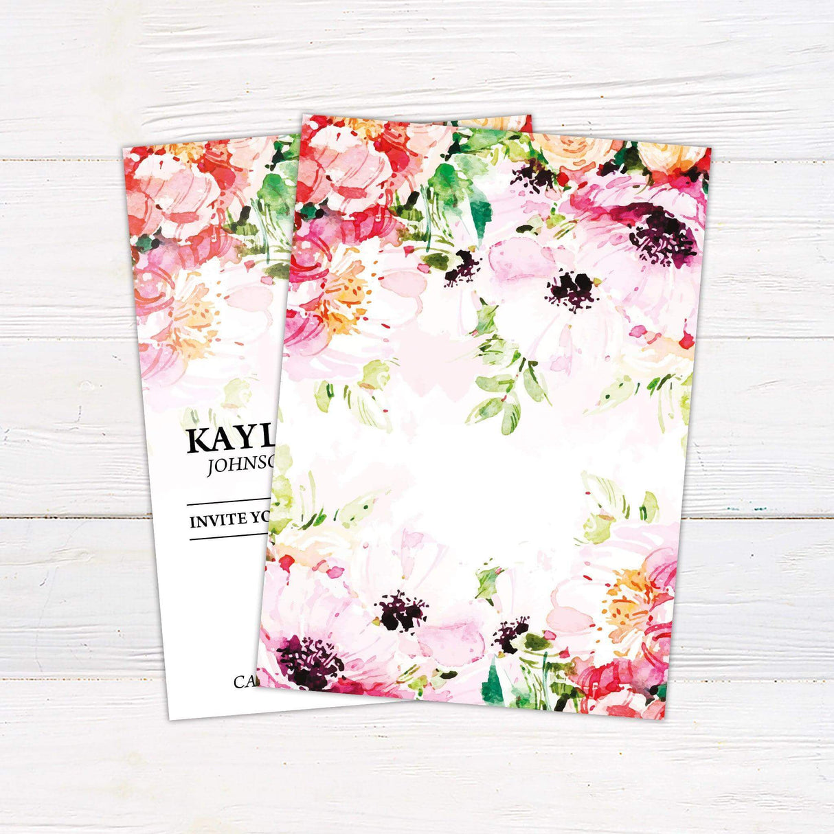 Wedding invitation with watercolor garden flowers in pink, peach, and green, featuring elegant serif text and customizable wedding details - back