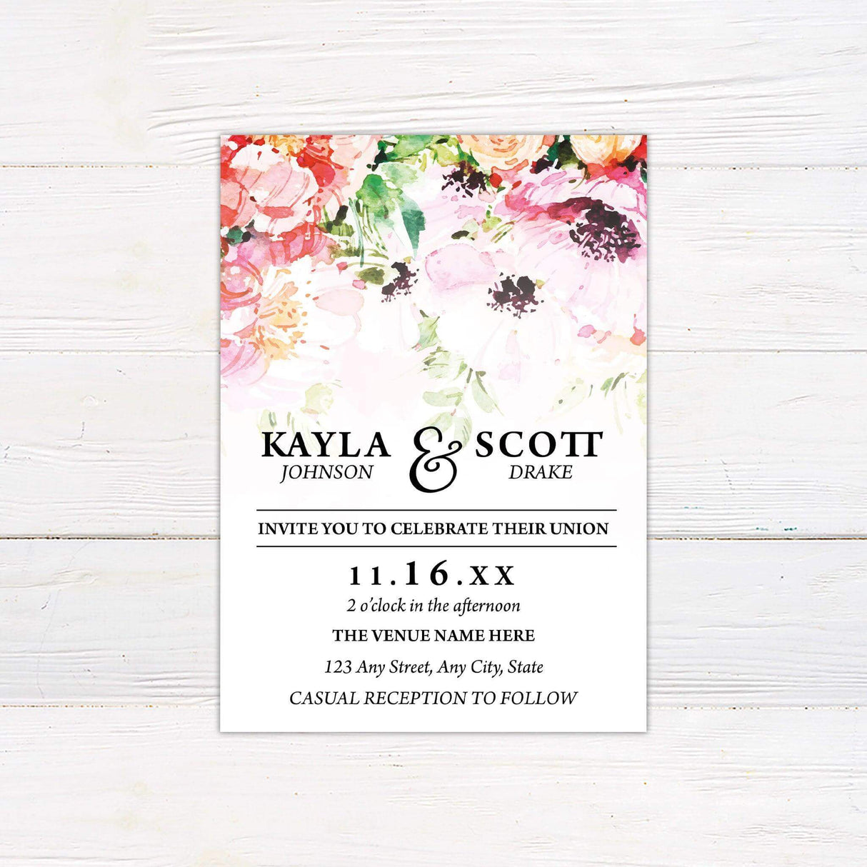 Wedding invitation with watercolor garden flowers in pink, peach, and green, featuring elegant serif text and customizable wedding details