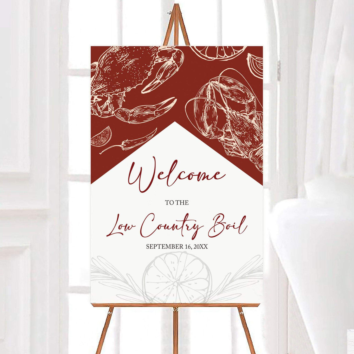 Low Country Boil welcome sign featuring a rustic red and white color scheme with hand-drawn illustrations of crabs, lobsters, lemons, and chili peppers. Elegant script and serif fonts display "Welcome to the Annual Low Country Boil" along with the event date. The design combines coastal charm with a classic Southern feel, making it perfect for greeting guests at a seafood-themed gathering. Printed on high-quality material for a stylish and professional display.