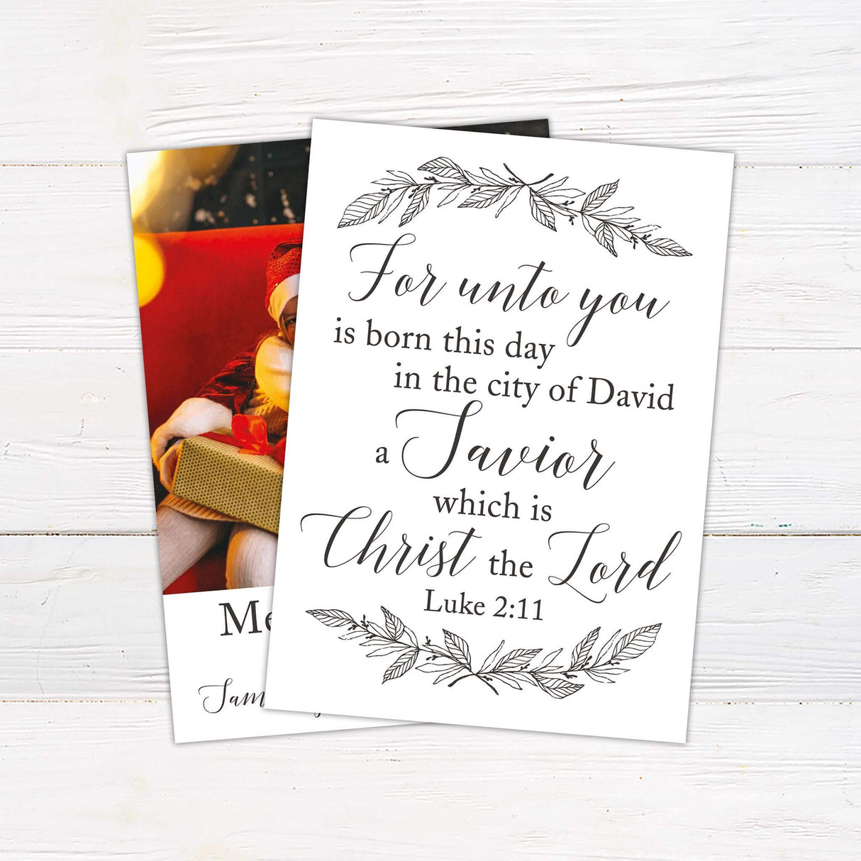 Custom photo Christmas card with Luke 2:11 Bible verse and Christian scripture design on the back back side