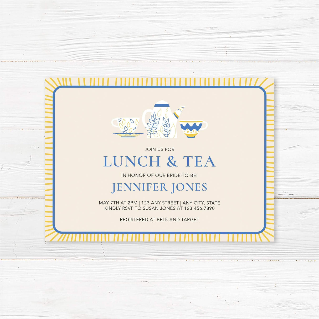 Elegant tea party bridal shower invitation featuring blue and gold teapot and teacup illustrations, printed on premium cardstock.