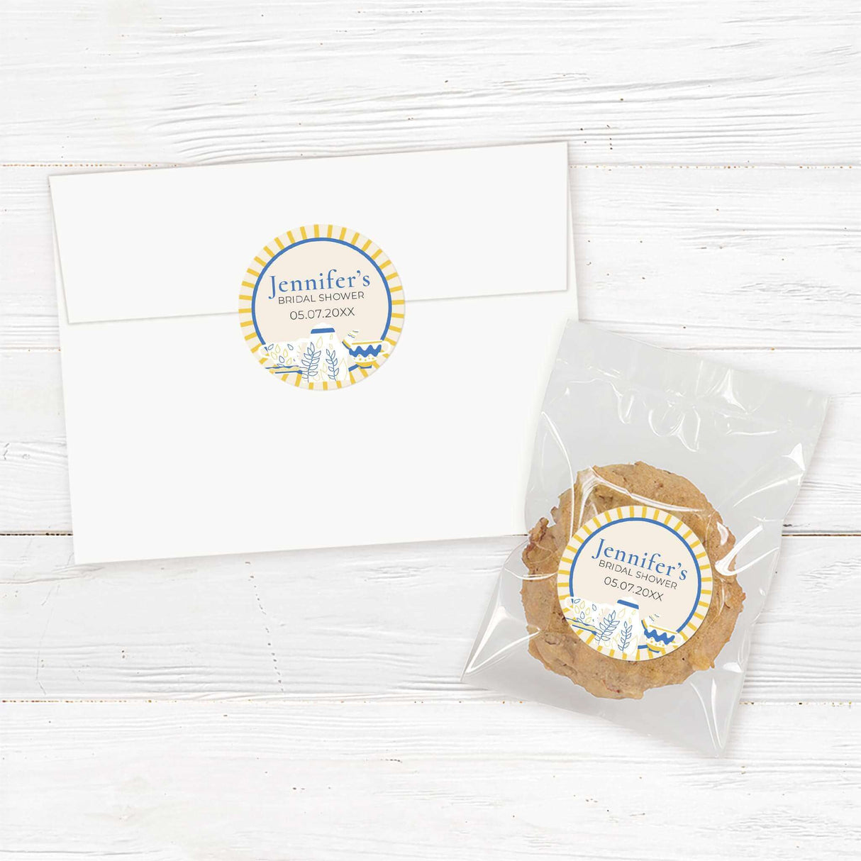 Tea party bridal shower sticker featuring a blue and gold teapot and teacup design, perfect for favors, gifts, and envelope seals.