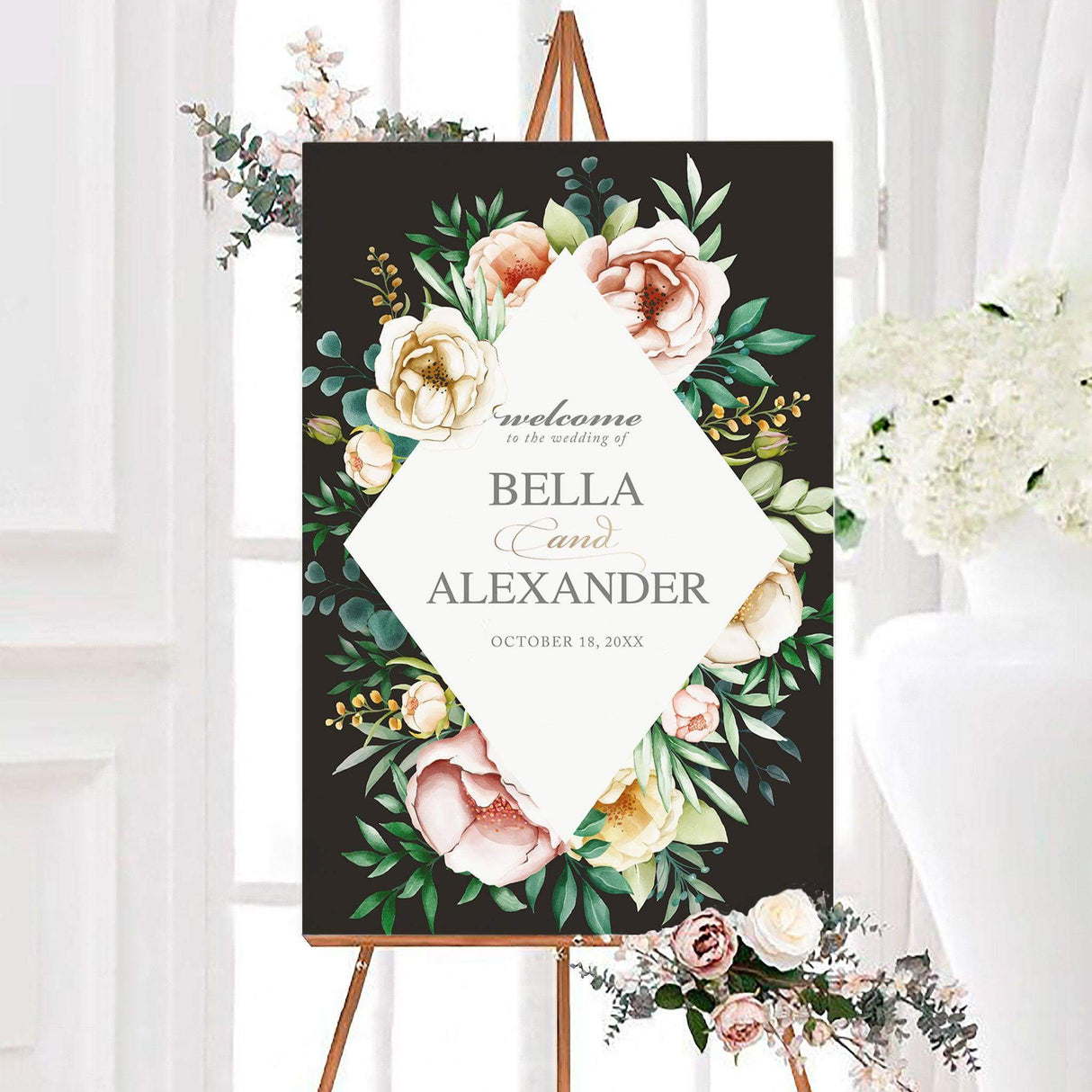 Lush botanicals wedding welcome sign featuring lush blush and ivory watercolor flowers, rich green foliage, and a white geometric center. Elegant personalized typography creates a romantic botanical design for a wedding ceremony or reception.