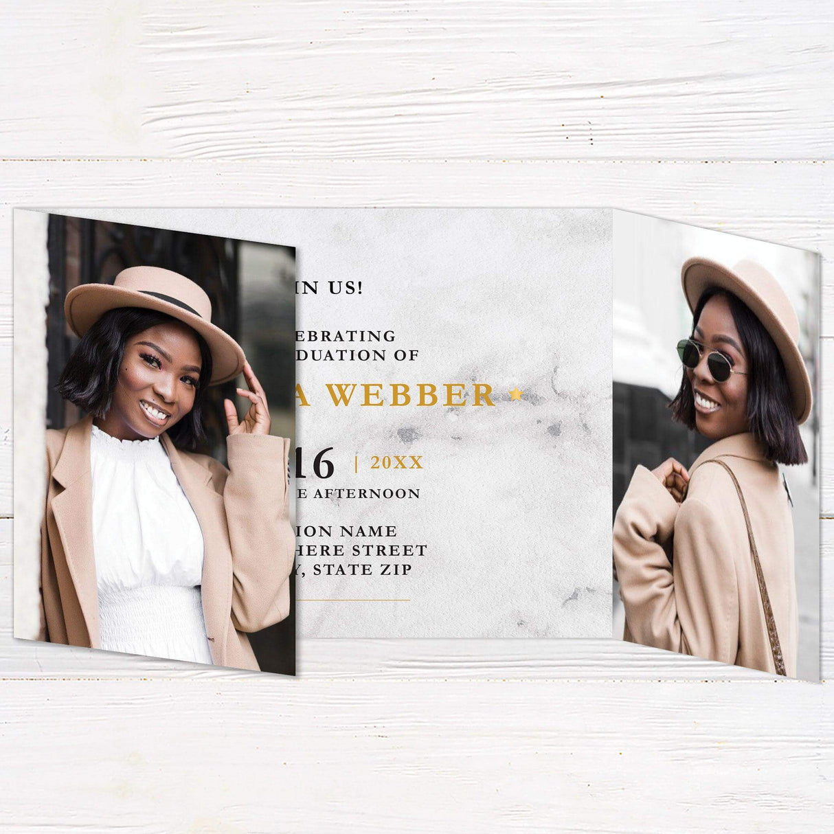 Custom gatefold graduation invitation with a marble design, four photos, customizable colors, and a modern fold-out layout. Personalized grad announcement card.