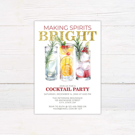 Watercolor Christmas cocktail party invitation featuring three holiday cocktails with festive garnishes and gold glitter "Bright" lettering.