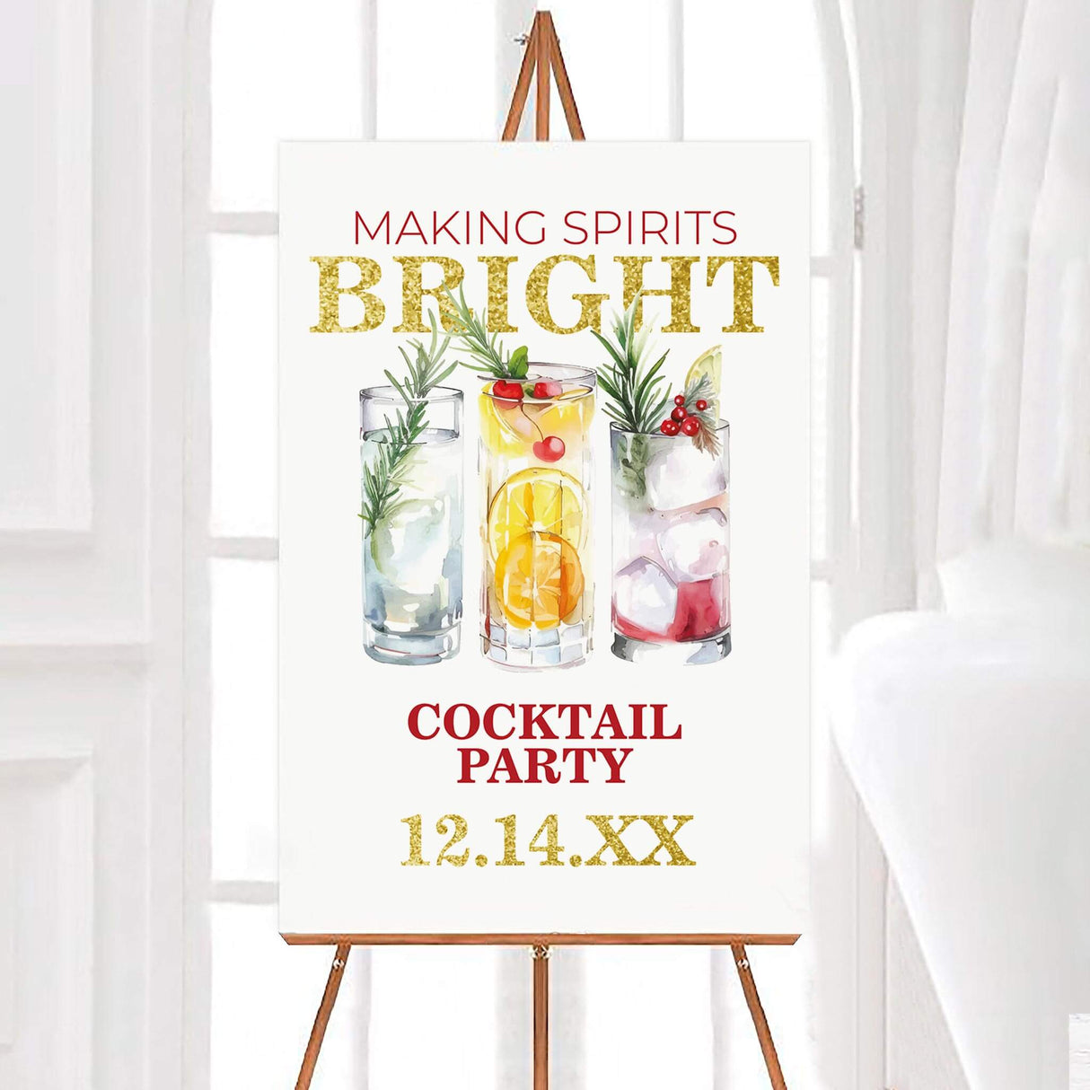 Watercolor Christmas cocktail party invitation featuring three holiday cocktails with festive garnishes and gold glitter "Bright" lettering. welcome sign