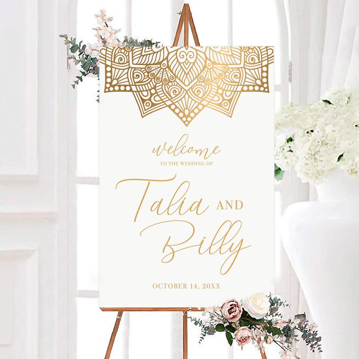 Mandala accent wedding welcome sign featuring an intricate gold mandala accent with elegant personalized script on a clean white background. An ornate wedding sign designed to welcome guests to a ceremony or reception.
