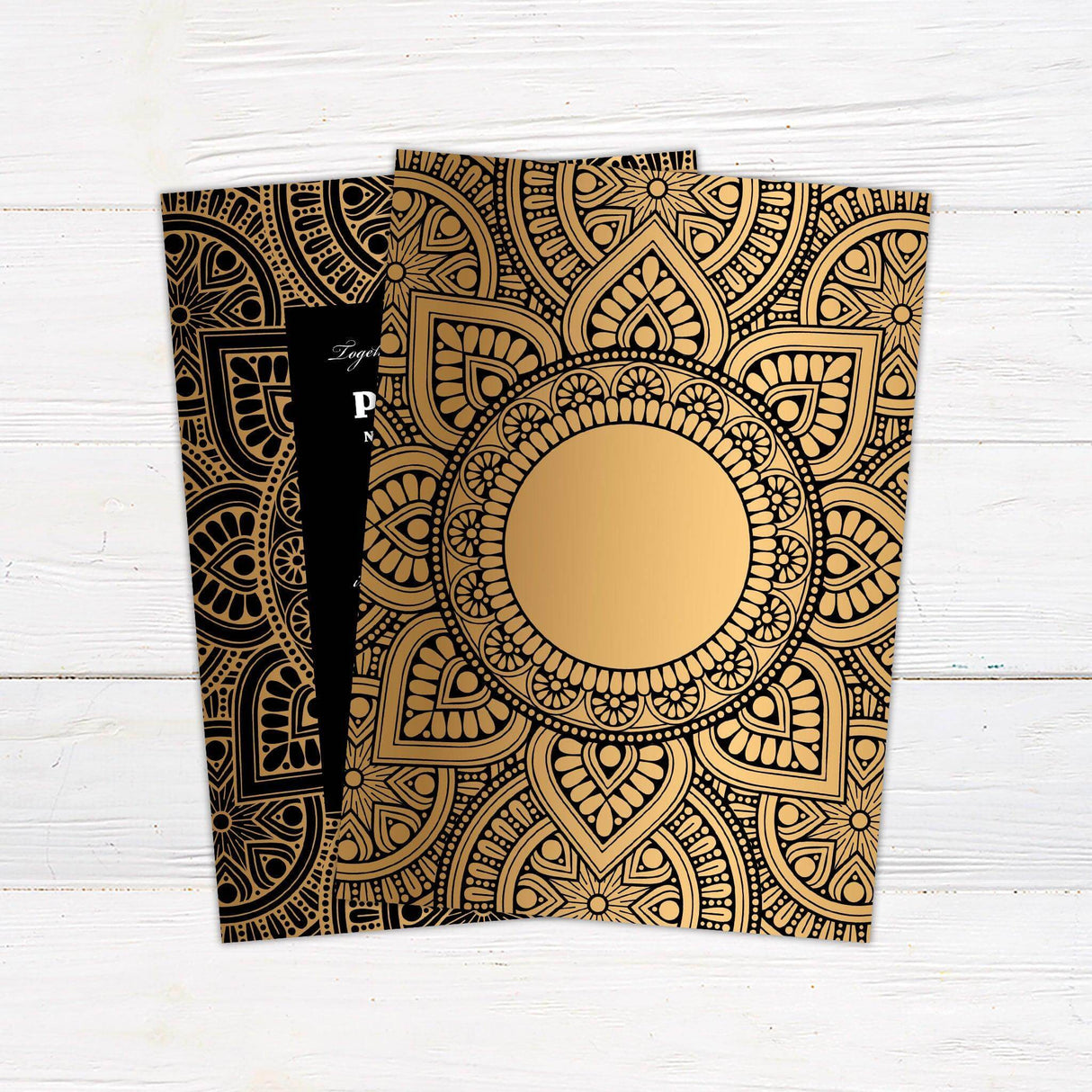 Wedding invitation with black background, ornate gold mandala border, and elegant centered white serif and script text layout - back