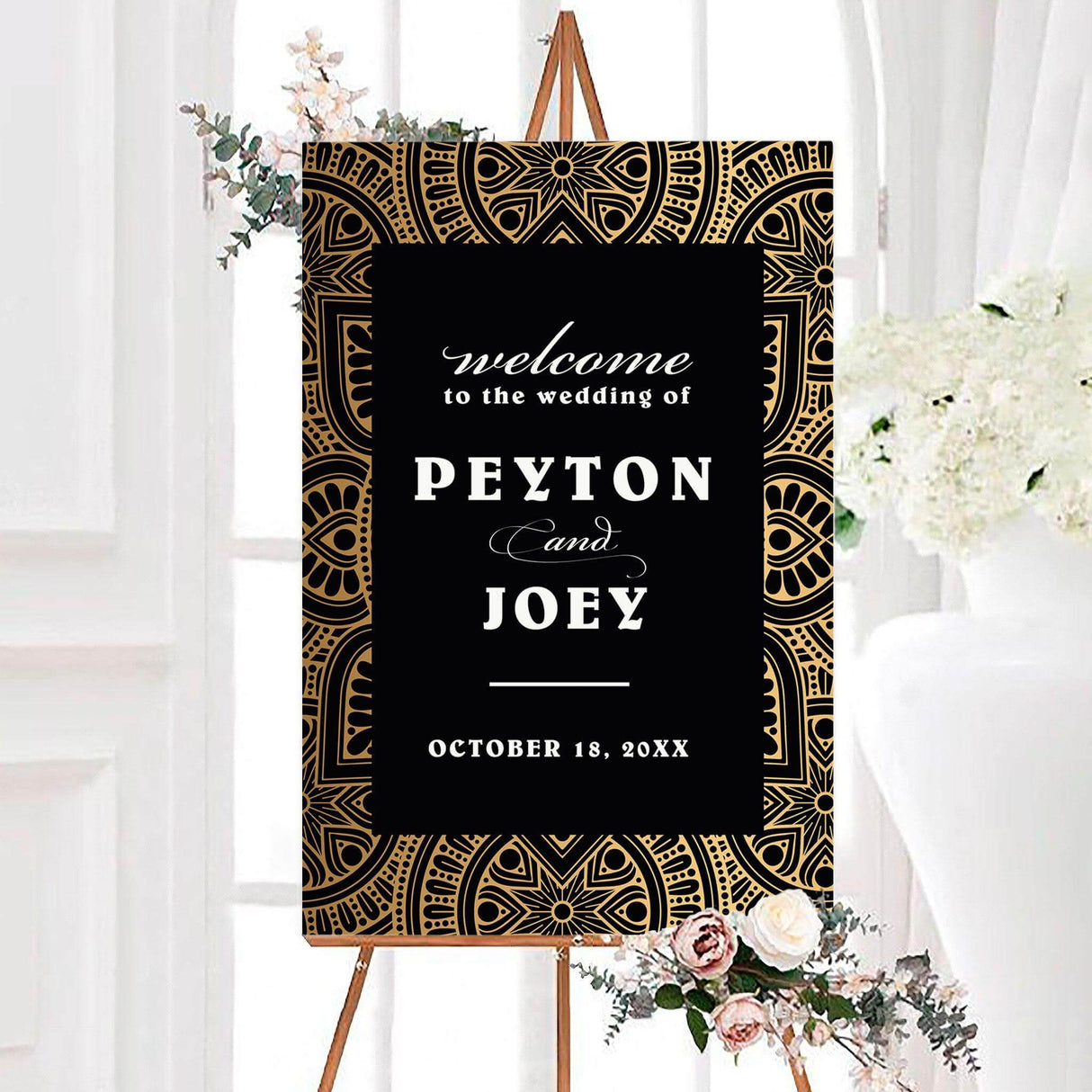 Mandala border wedding welcome sign featuring an intricate black and gold mandala-style border with white personalized typography. A bold geometric design created to welcome guests to an elegant wedding ceremony or reception.