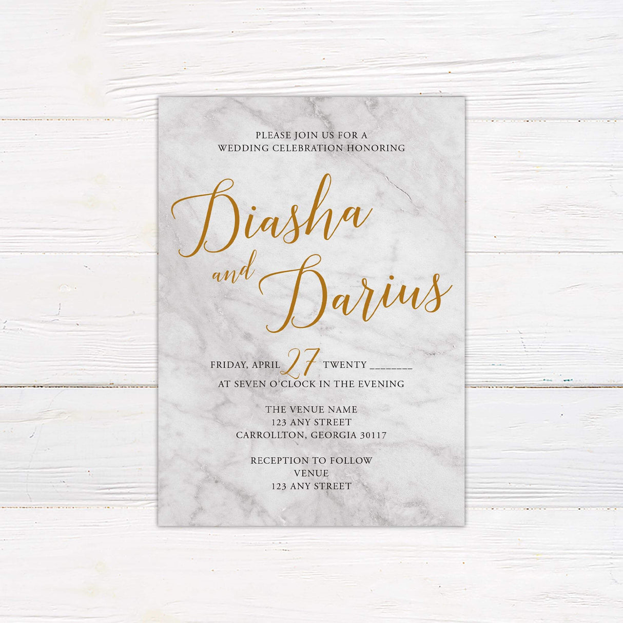 Wedding invitation with light marble background, elegant gold script names, and modern serif fonts for customizable event details