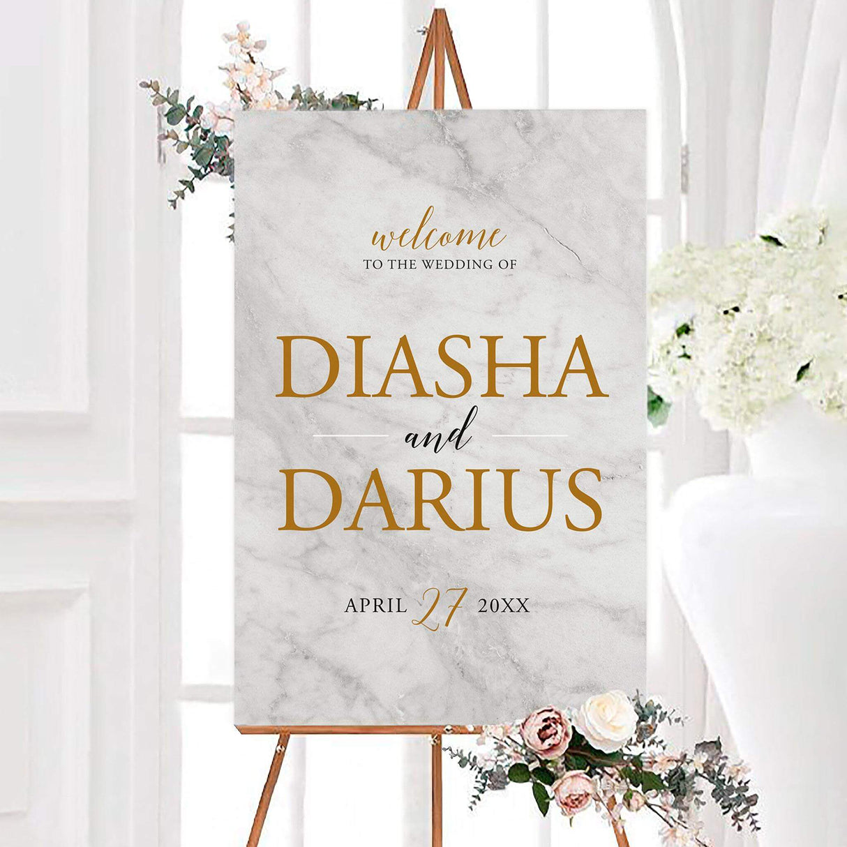 Elegant marble and gold wedding welcome sign featuring gold and black typography on a white and gray stone-inspired background. The personalized design displays the couple’s names and wedding date in a sophisticated modern layout.