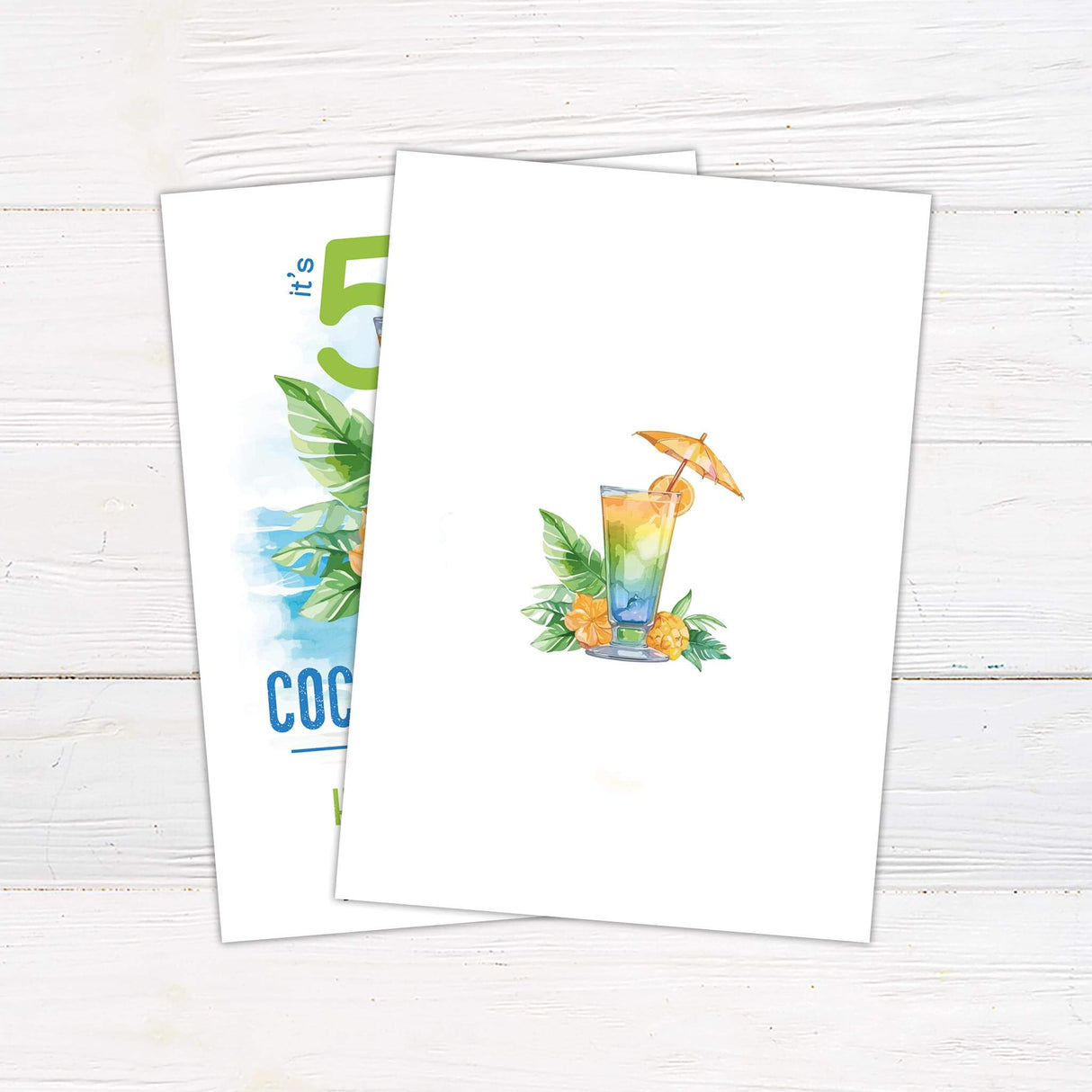 Tropical cocktail party invitation featuring a vibrant watercolor design. A colorful cocktail with an orange slice and a small umbrella sits against a beachside backdrop with lush green leaves and bright hibiscus flowers. The phrase "It's 5 o'clock somewhere" is displayed in bold, playful typography. Event details, including the honoree's name, date, time, and location, are arranged in blue, green, and orange fonts. A fun and festive design perfect for a summer or tropical-themed celebration. Back.
