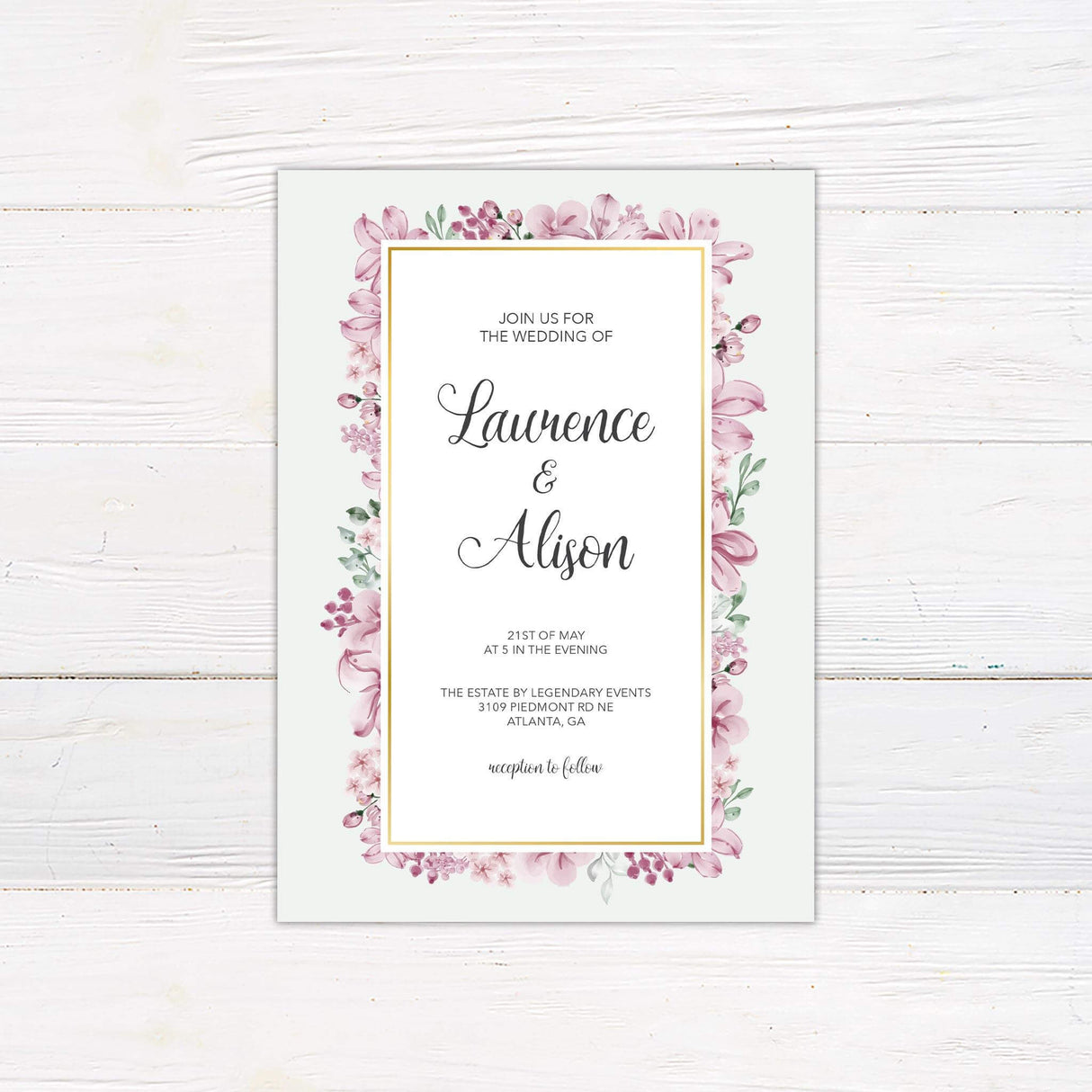 Mauve floral wedding invitation with watercolor flowers, gold border, and elegant script text on soft green background