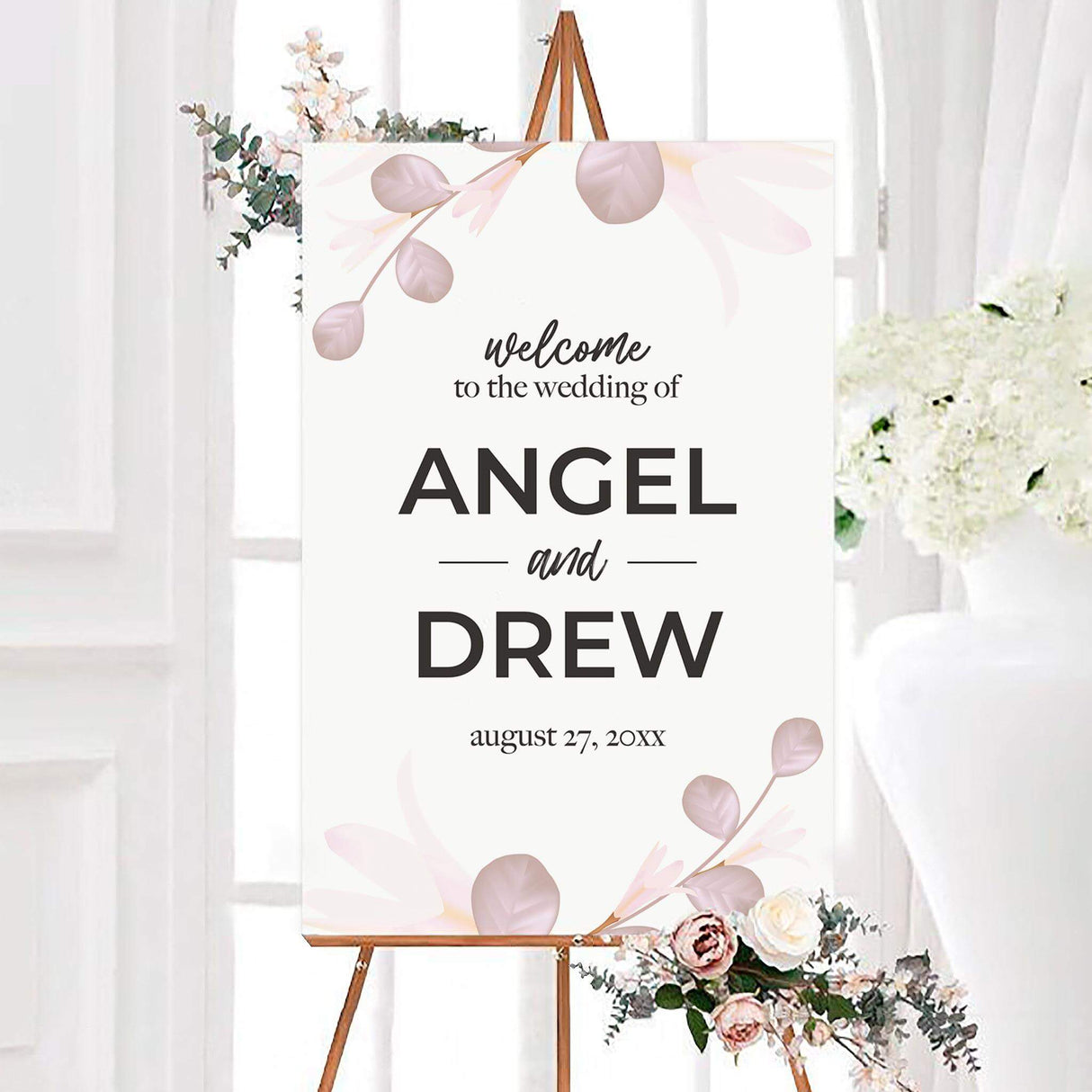 Mauve leaf wedding welcome sign featuring soft mauve and blush botanical leaves with bold personalized typography on a white background. A romantic modern sign designed to welcome guests to a wedding ceremony or reception.
