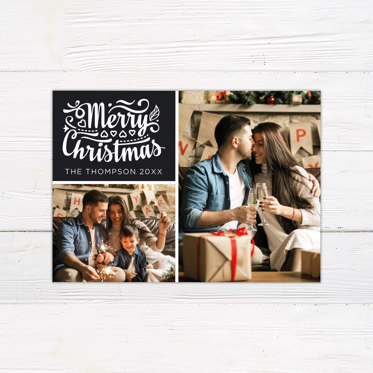 Personalized Merry Christmas photo collage card with bold script typography and space for family photos and custom name.