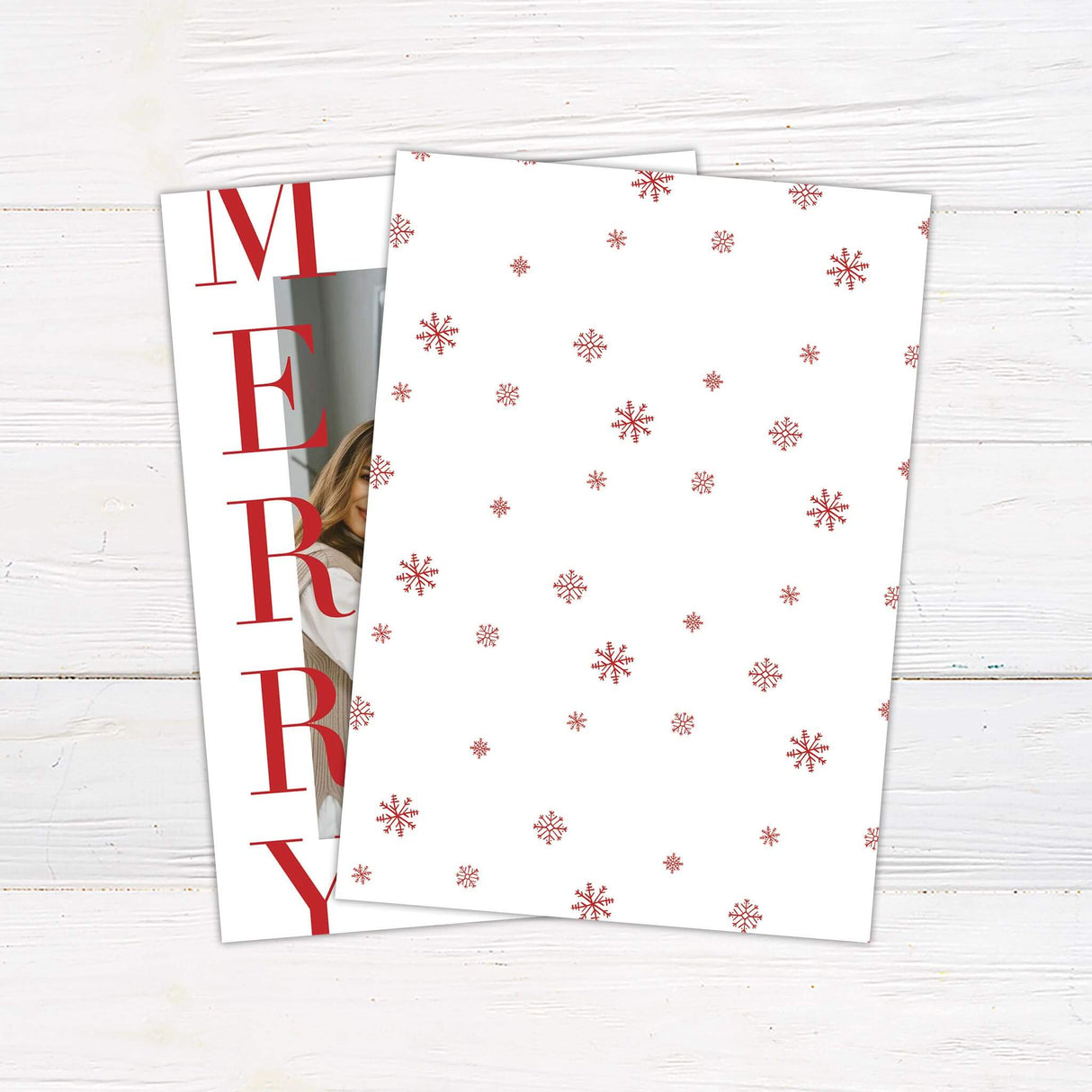 A holiday card design featuring a large customizable family photo on the right with bold vertical "MERRY" text in red on the left. - back.