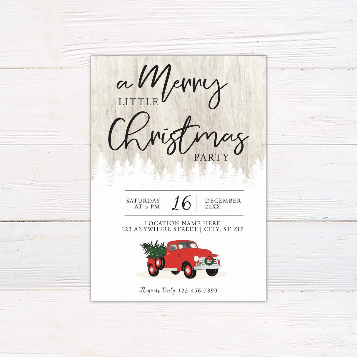 A Christmas party invitation with festive text and seasonal artwork. The design has a cheerful holiday theme with a simple, modern layout.