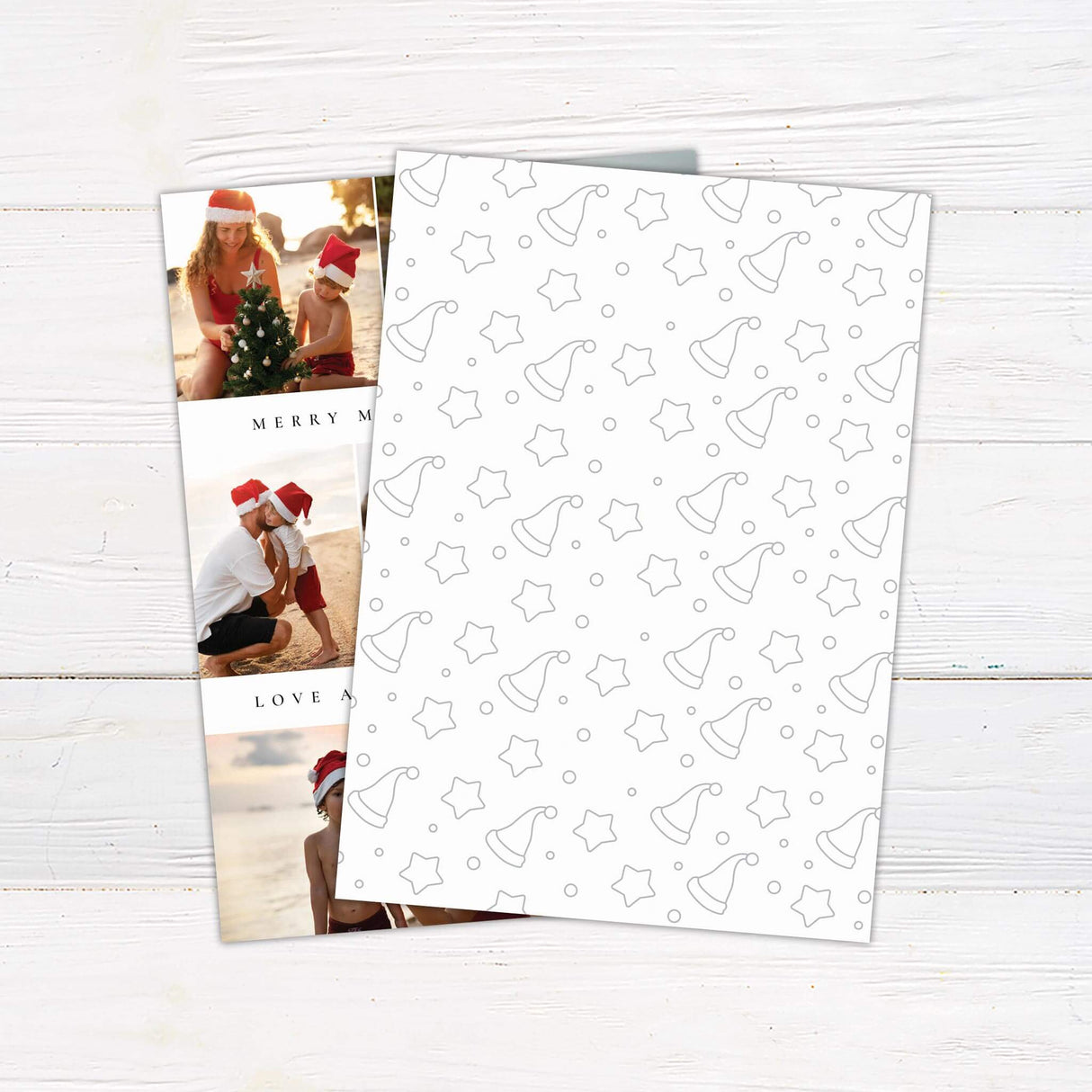 Customizable multi-photo Christmas card with space for family pictures and a personalized holiday greeting message. back side