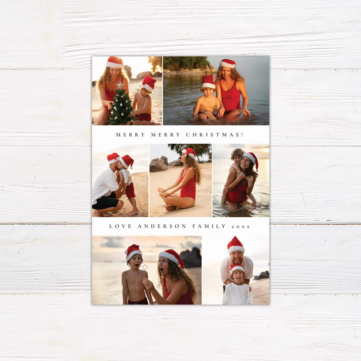 Customizable multi-photo Christmas card with space for family pictures and a personalized holiday greeting message.