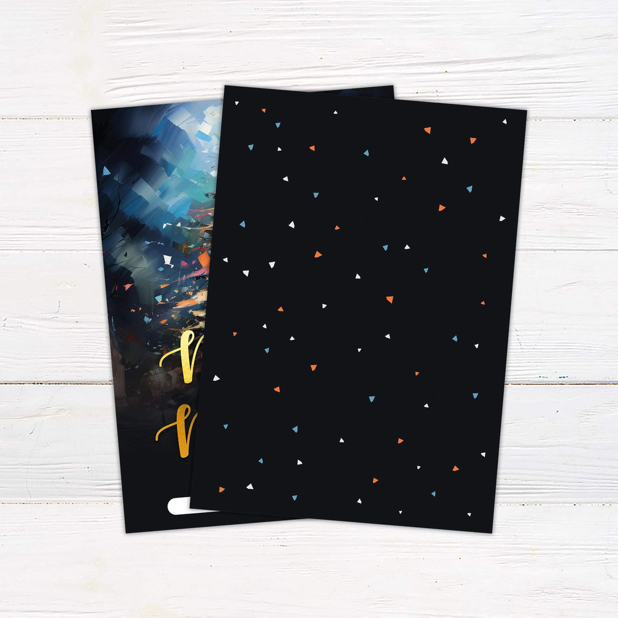 A holiday card featuring a glowing painted Christmas tree with the phrase “Merry and Bright” in golden script, designed for sending festive greetings. - back.