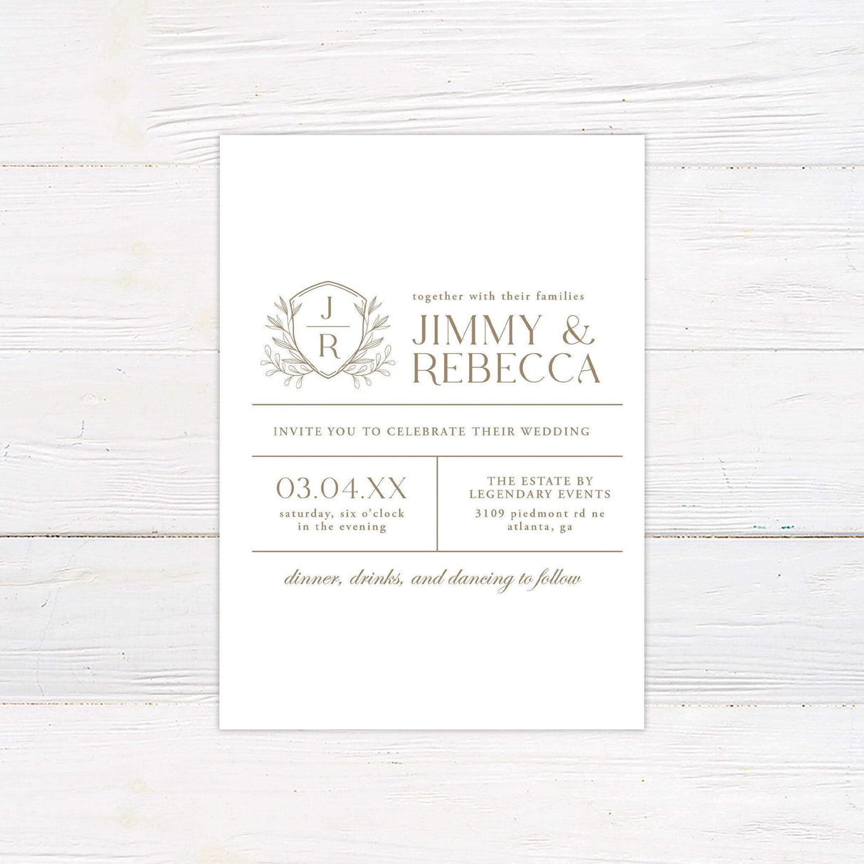Wedding invitation with botanical crest monogram, neutral serif fonts, clean layout for event details, and modern minimal foliage design