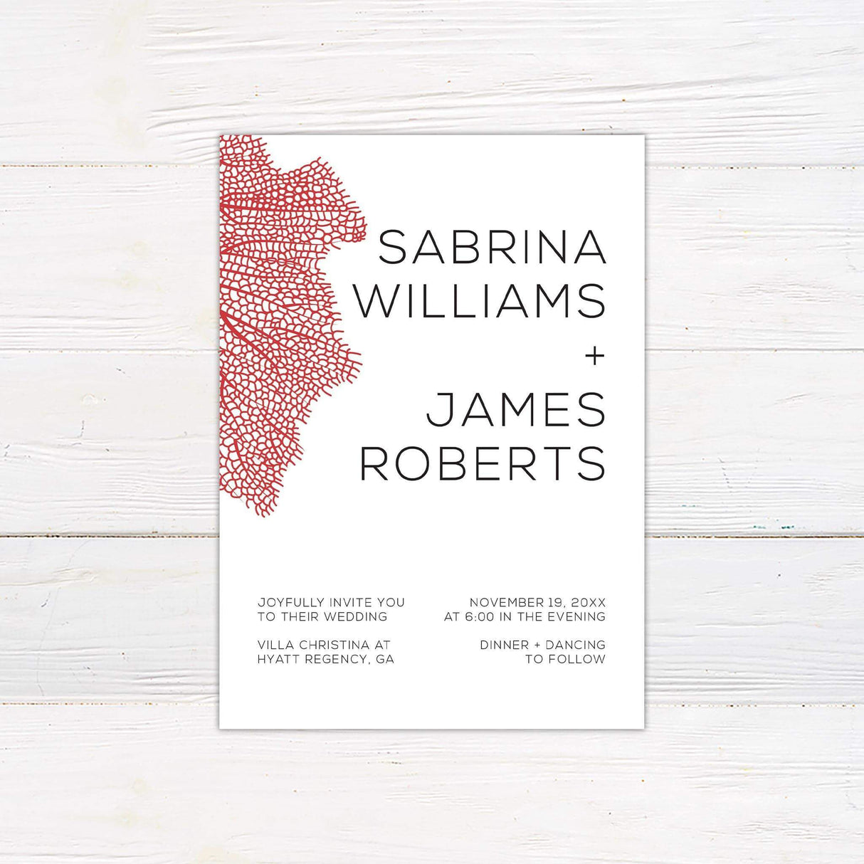 Modern wedding invitation with bold red botanical leaf design on the left, minimalist black sans-serif text on white background with clean layout
