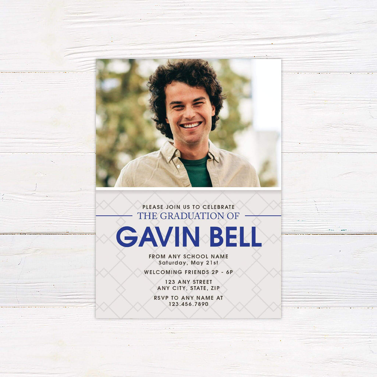 A graduation invitation with a large photo on the top half and a patterned color block on the bottom half containing the graduation details. The color block can be customized to match the graduate’s school colors. The back of a graduation invitation featuring three photos arranged in a collage style over a patterned background. The words "Class of 20XX" are displayed in bold typography along the side. Blue.