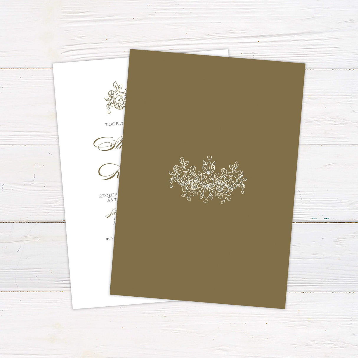 Wedding invitation with gold floral scroll accents, elegant script and serif fonts, and customizable formal event details on white background - back