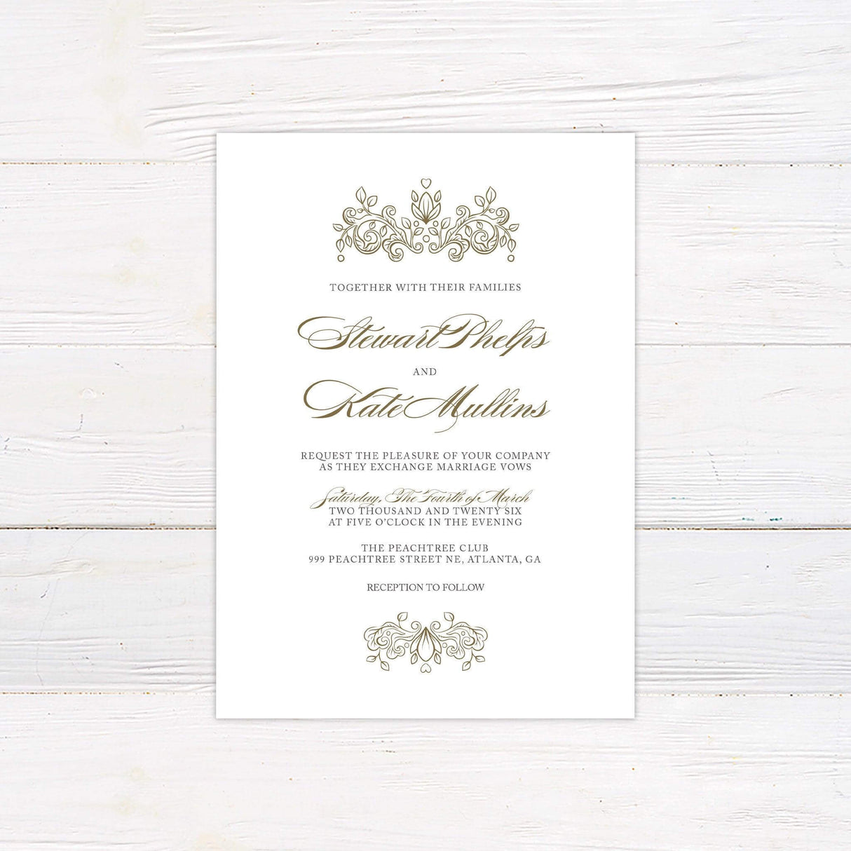 Wedding invitation with gold floral scroll accents, elegant script and serif fonts, and customizable formal event details on white background