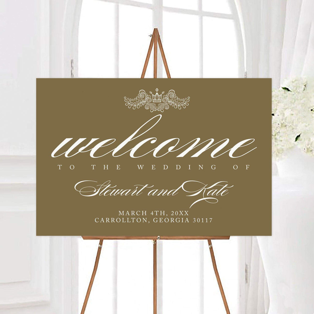 Taupe brown minimal vintage floral leaves wedding welcome sign with elegant white calligraphy, personalized couple names, and a vintage floral crown ornament. The design includes the wedding date and location in classic white lettering.