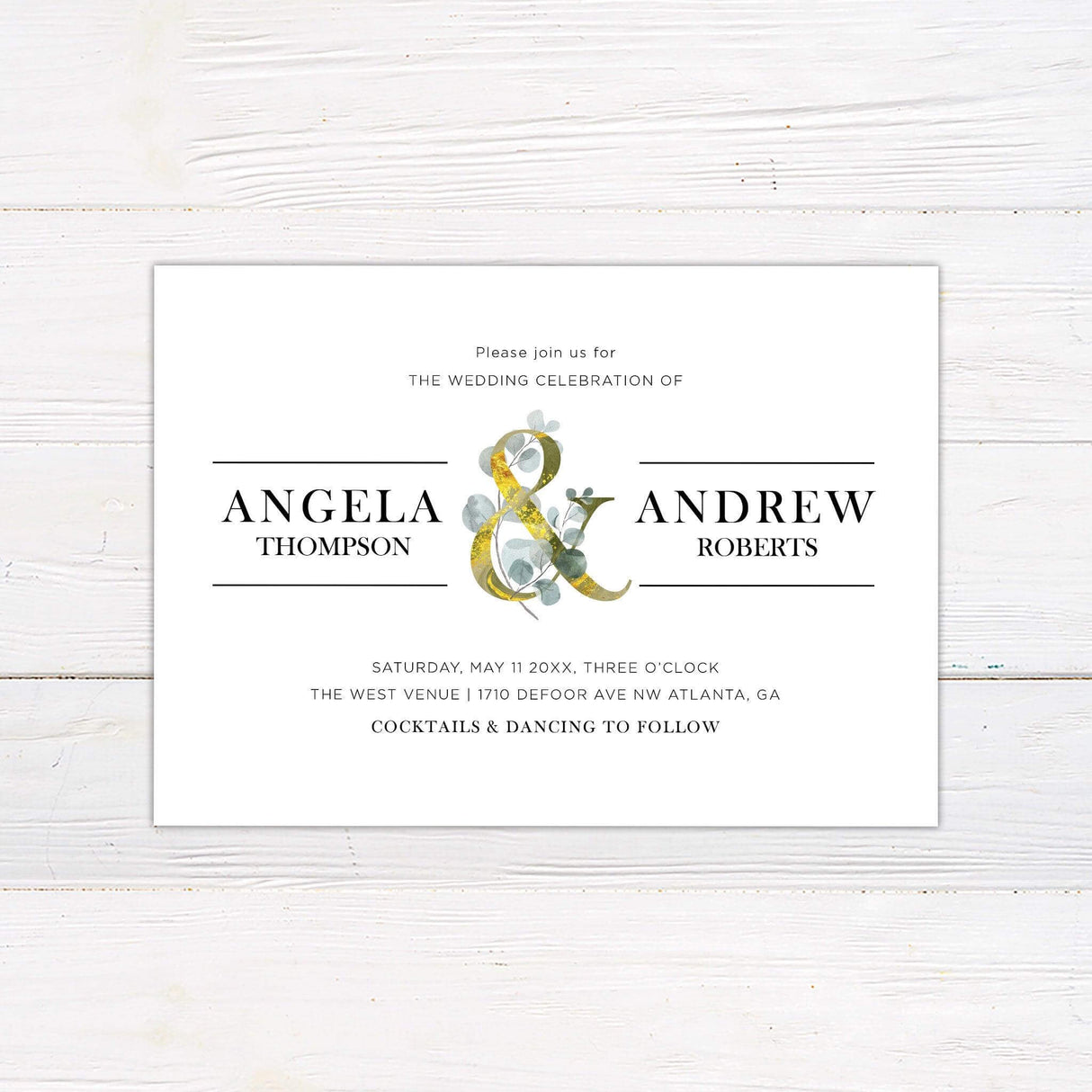 Minimalist wedding invitation with gold ampersand, watercolor eucalyptus greenery, bold serif fonts, and clean layout on white background