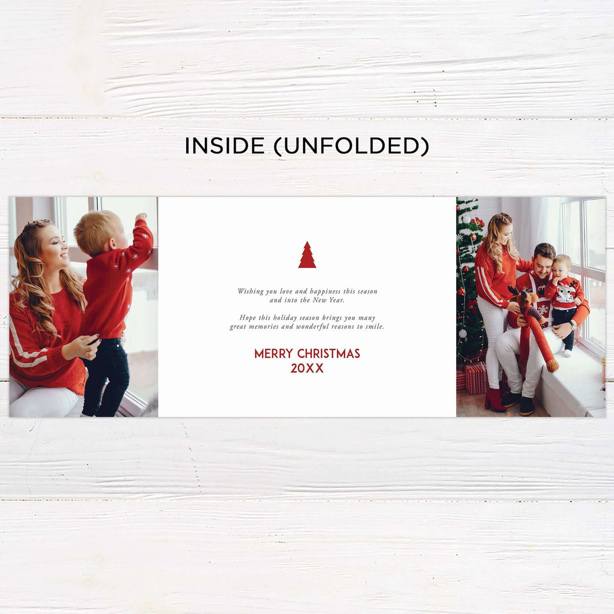 This is a gatefold holiday card with a minimalist pine design and a red and white color scheme. The front features a Christmas tree-shaped cutout framing a photo, while the inside displays festive greetings and space for personalized messages and images. - inside.