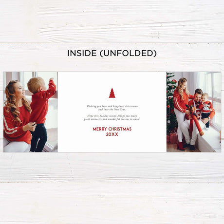 This is a gatefold holiday card with a minimalist pine design and a red and white color scheme. The front features a Christmas tree-shaped cutout framing a photo, while the inside displays festive greetings and space for personalized messages and images. - inside.