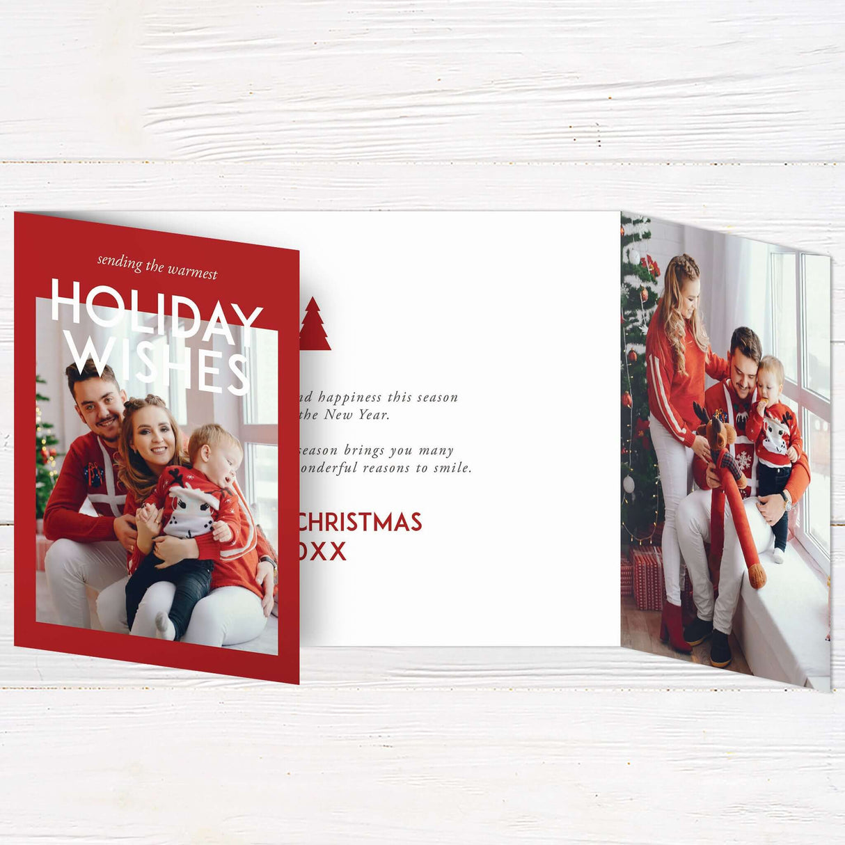 This is a gatefold holiday card with a minimalist pine design and a red and white color scheme. The front features a Christmas tree-shaped cutout framing a photo, while the inside displays festive greetings and space for personalized messages and images.