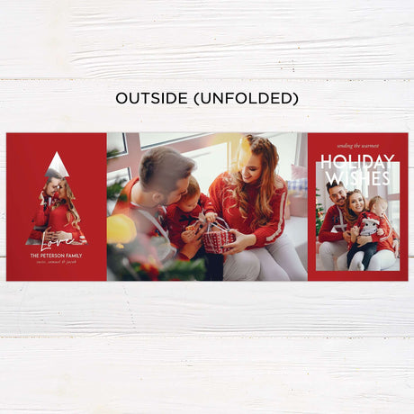 This is a gatefold holiday card with a minimalist pine design and a red and white color scheme. The front features a Christmas tree-shaped cutout framing a photo, while the inside displays festive greetings and space for personalized messages and images. - unfolded.