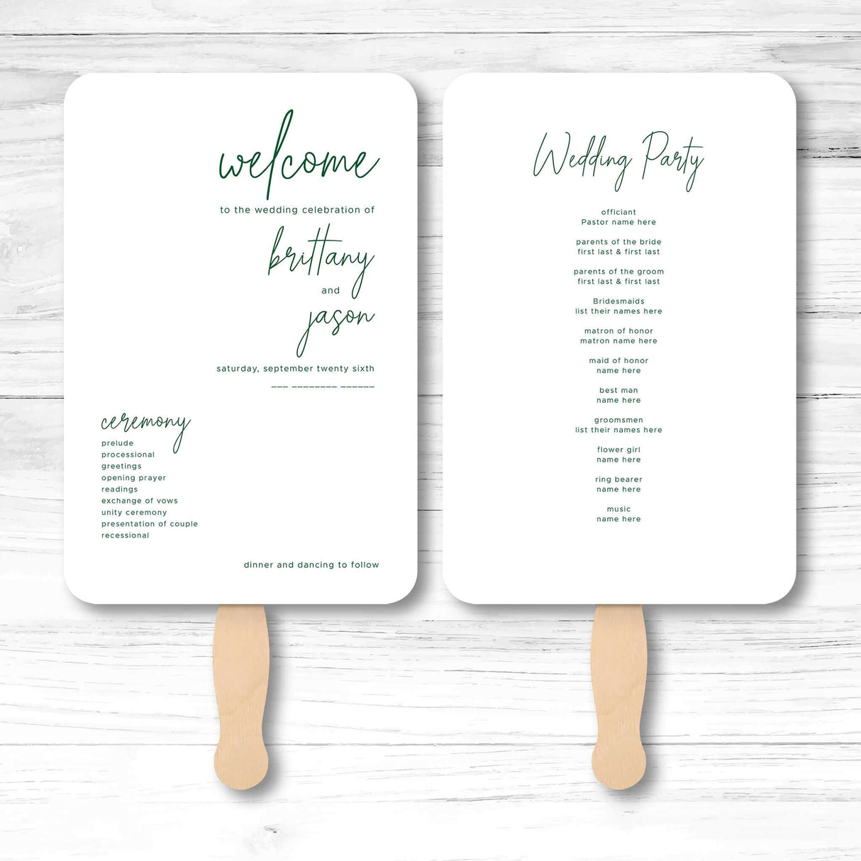 Minimalist wedding program fan with ceremony and wedding party details printed on both sides.