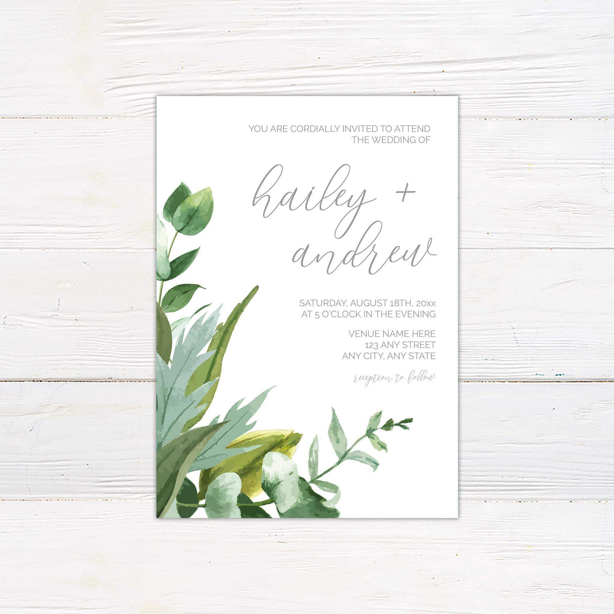 Wedding invitation with watercolor mint green and olive leaves, elegant script and sans-serif fonts, and minimalist layout on a white background