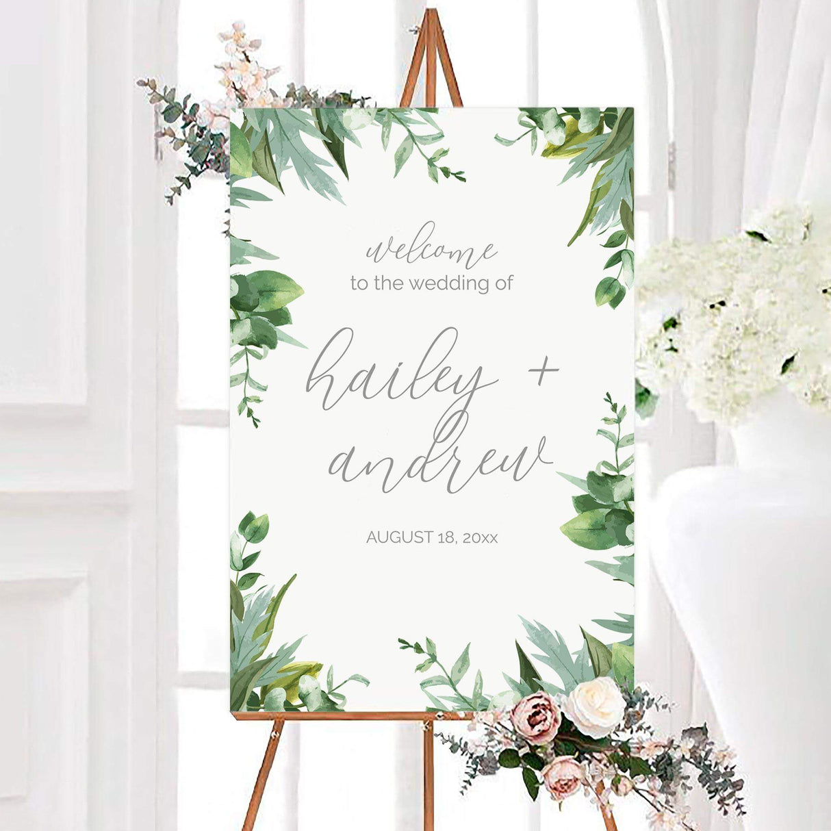 Mint garden wedding welcome sign featuring a lush border of mint and green watercolor foliage with elegant personalized script. A fresh botanical sign designed to welcome guests to a garden wedding ceremony or reception.